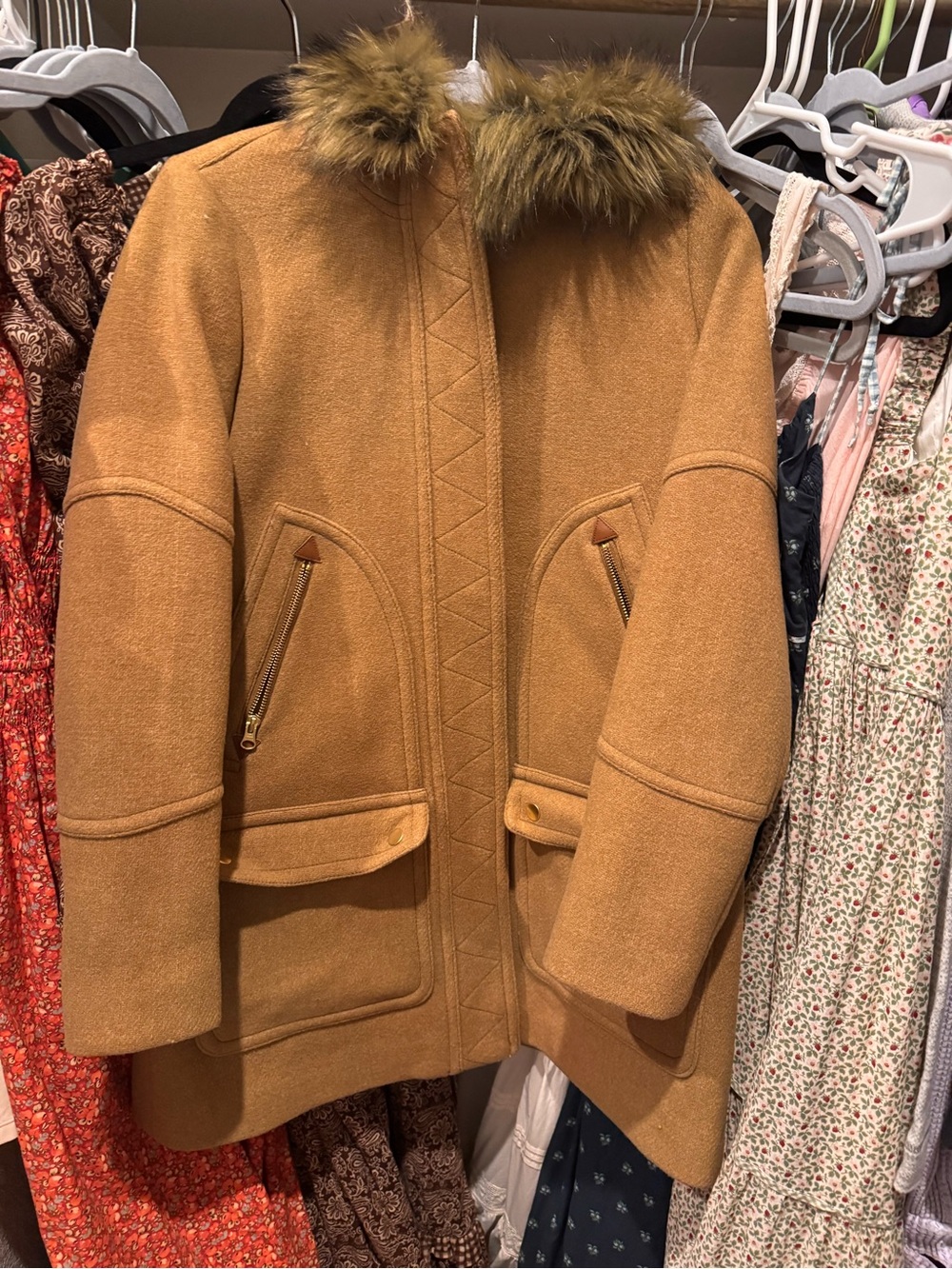 J. Crew Camel Wool Coat with Faux Fur Collar